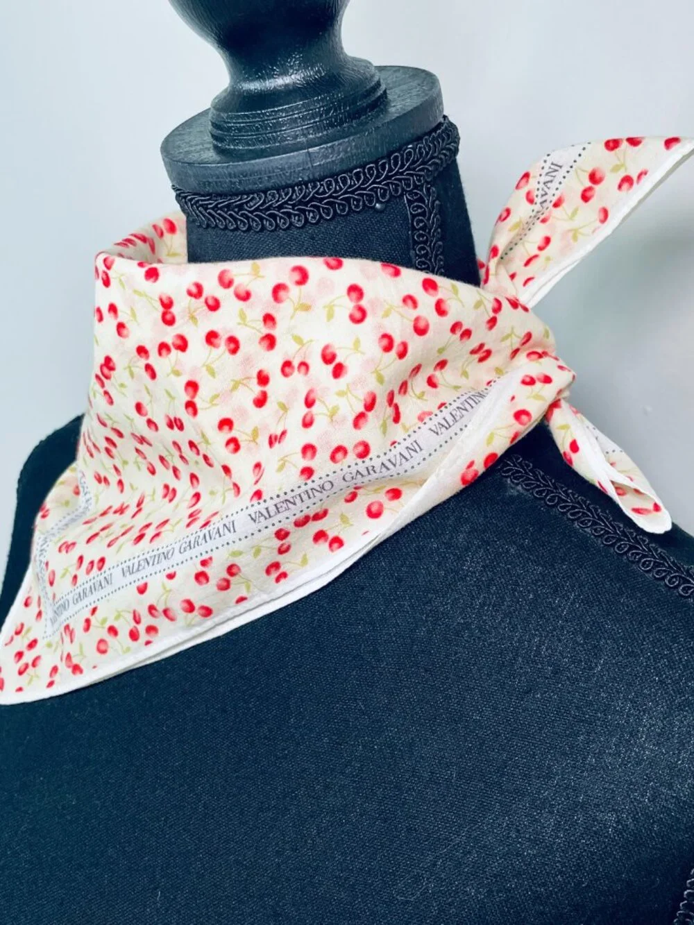 VALENTINO GARAVANI Vintage Cherry Print Cotton Square Scarf / Neckerchief